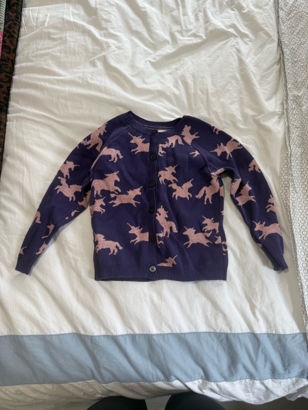 Tea Collection Navy Sweater Cardigan with Pink Horse Pattern